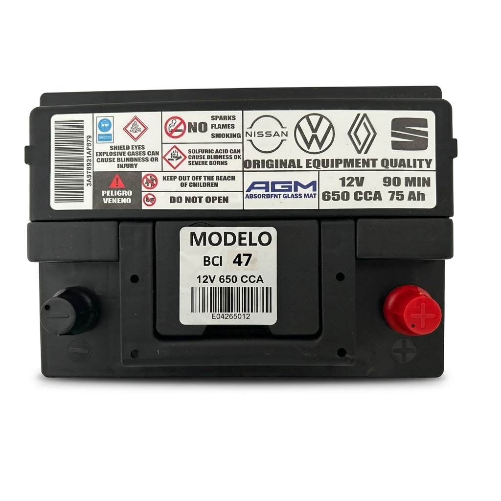 BATERÍA AGM MODELO 47 650 CCA START-STOP COMPATIBLE VOLKSWAGEN NISSAN RENAULT Y SEAT
