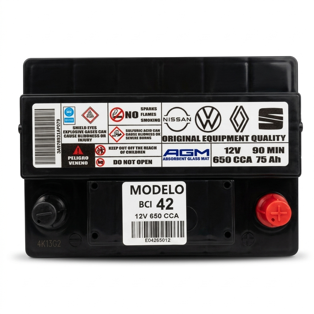 BATERÍA AGM MODELO 42-650 CCA START-STOP COMPATIBLE VOLKSWAGEN NISSAN RENAULT Y SEAT